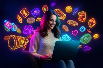 A man celebrating a winning moment on his laptop while gaming symbols float around him, capturing the excitement of BB444 games.